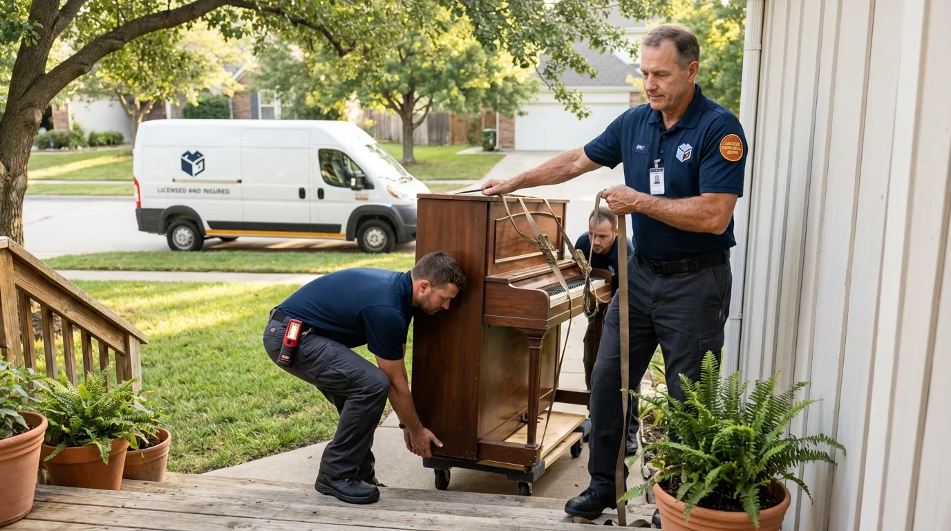 Licensed piano movers securing grand piano in Webster, MA