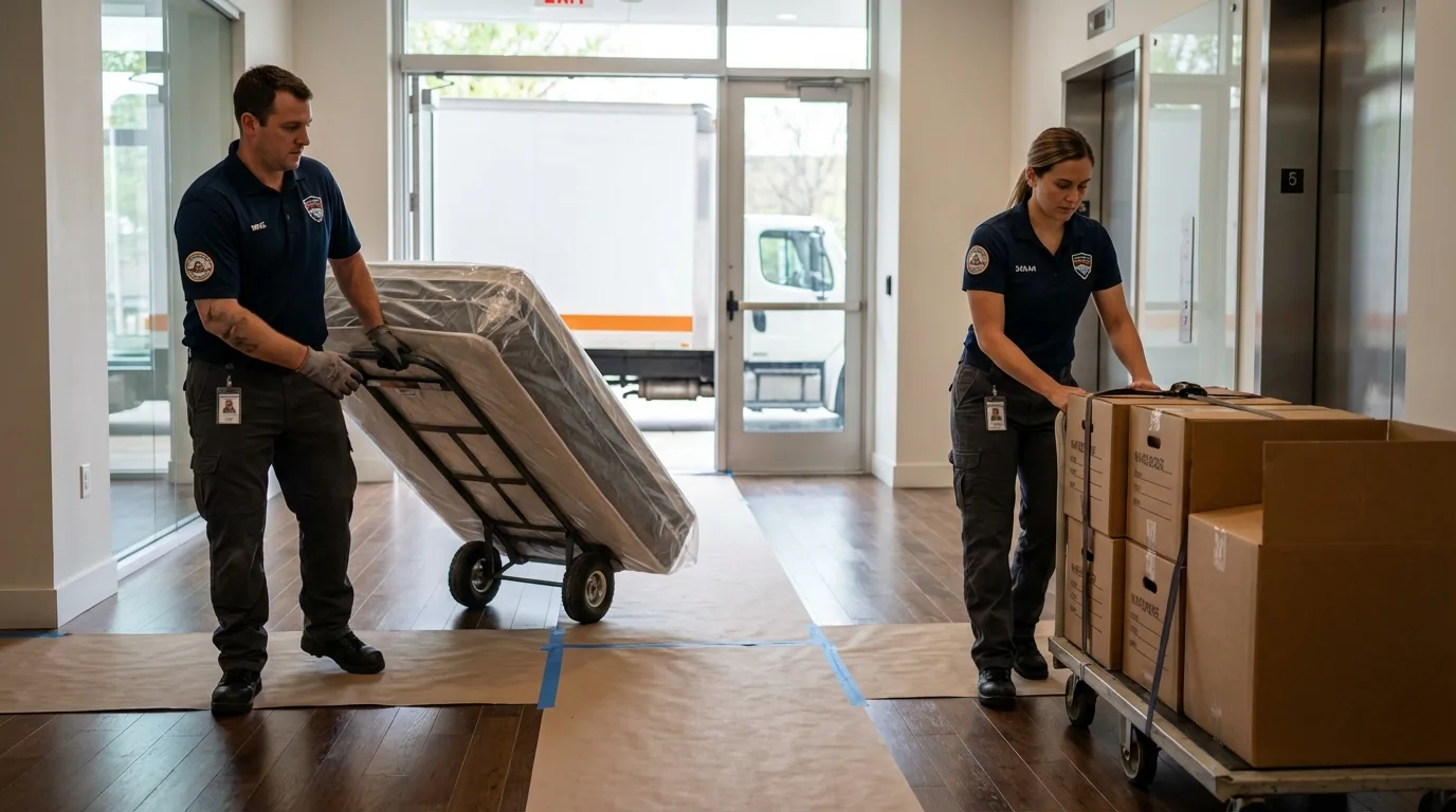 Professional apartment movers loading elevator in Webster, MA
